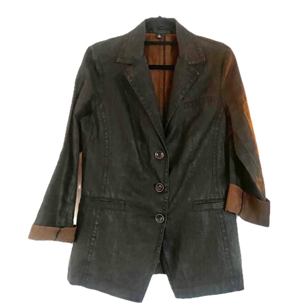 ISDA&C Oversized Blazer Black Linen Brown Roll-Back Sleeves Women's M